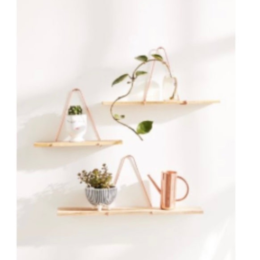 Urban Outfitters Minimalistic Farmhouse Copper Wired Wood Hanging Shelf